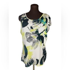 Worthington Abstract Floral  Top - Black, White, Yellow One Side Ruffle Sleeve L